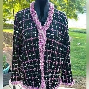 Pink Poodle Fuzzy Fringe Cardigan Sweater Size 3X Black Pink Plaid Old Money